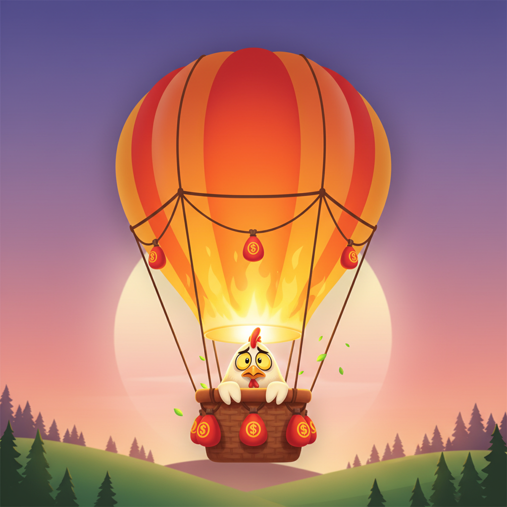 BalloniX slot game con mongolfiera dorata guidata da un pollo cartoon su sfondo crepuscolare viola-rosa, meccanica di gioco crash con moltiplicatori crescenti