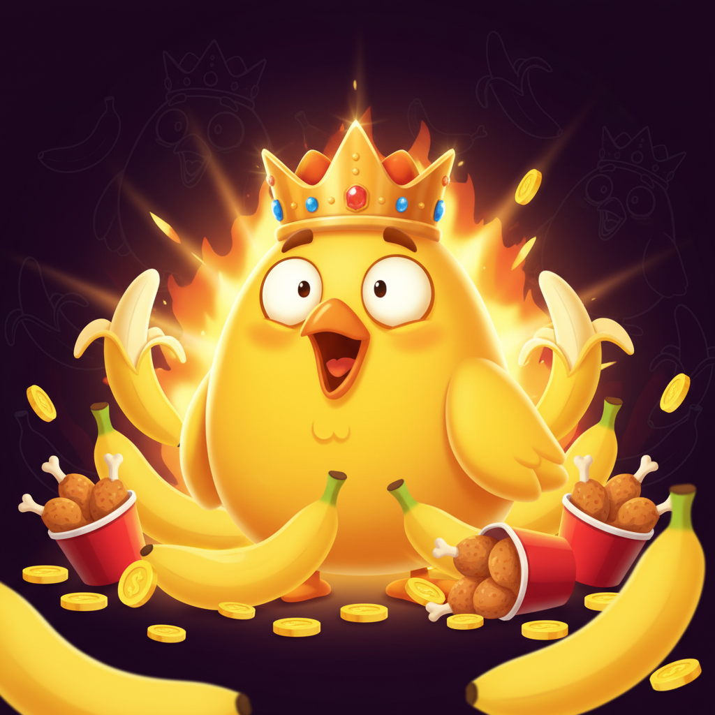 Chicken Banana slot game: cartoon chicken character wearing golden MEGA crown with wide excited eyes, surrounded by yellow banana bunches and golden glow effects, representing the x1000 jackpot feature by InOut