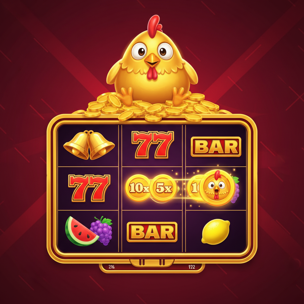 Chicken Coin Hold and Win slot game: cartone animato pollo dorato seduto su monete d'oro, griglia di gioco 3x4 con simboli frutta e monete bonus, simbolo Super Chicken Coin che raccoglie valori moltiplicatori