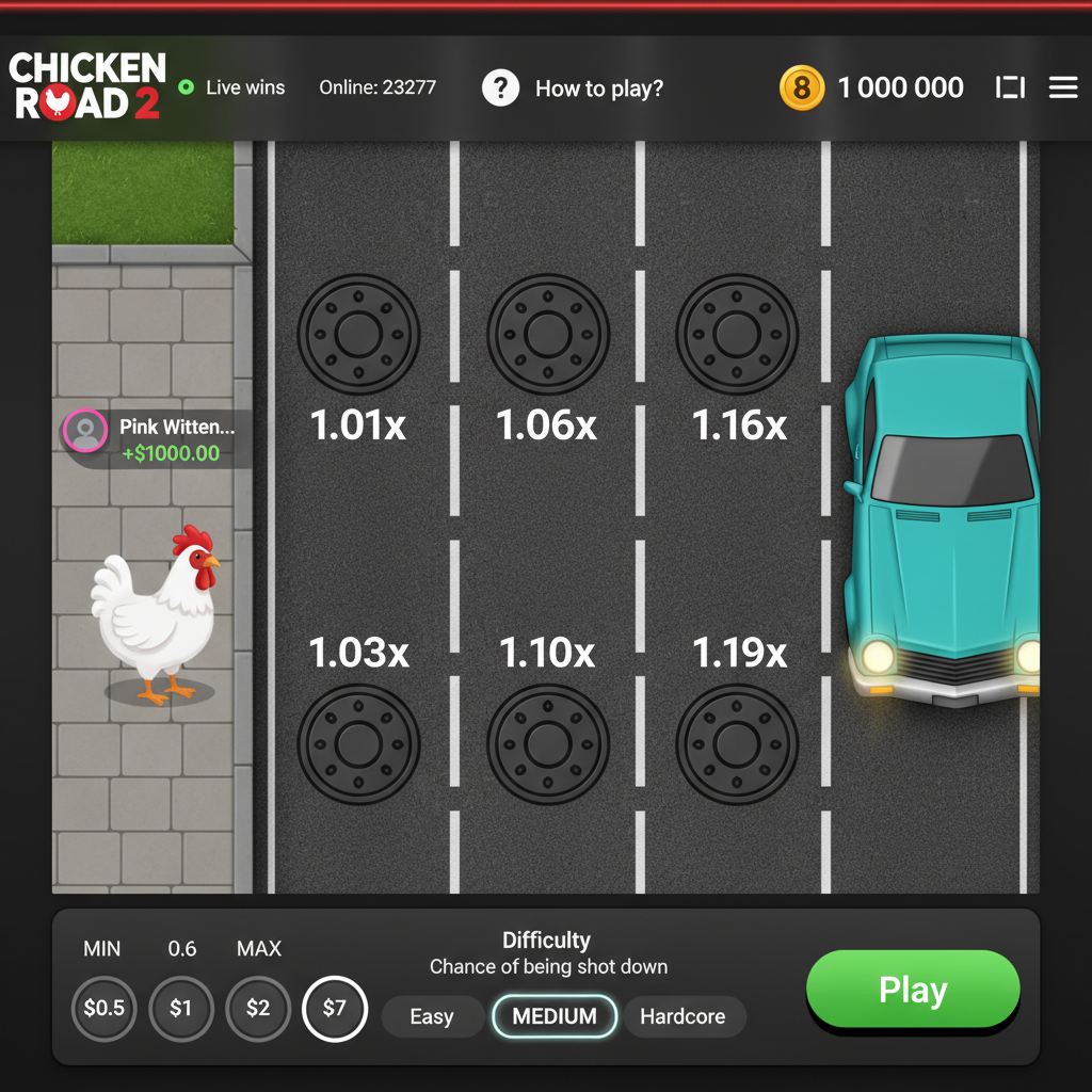 Chicken Road 2 slot: gallina bianca con cresta rossa che attraversa strada asfaltata a 6 corsie con tombini moltiplicatori e auto turchese in avvicinamento - gioco arcade InOut