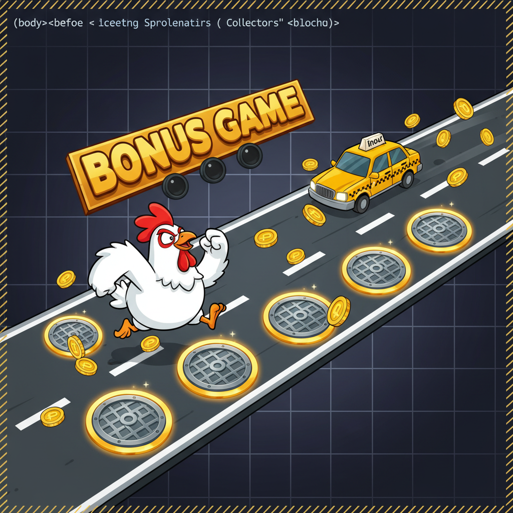 Chicken Road 2 Bonus slot di InOut - pollo cartone animato bianco con cresta rossa attraversa strada a corsie multiple con monete dorate, moltiplicatori e auto colorate
