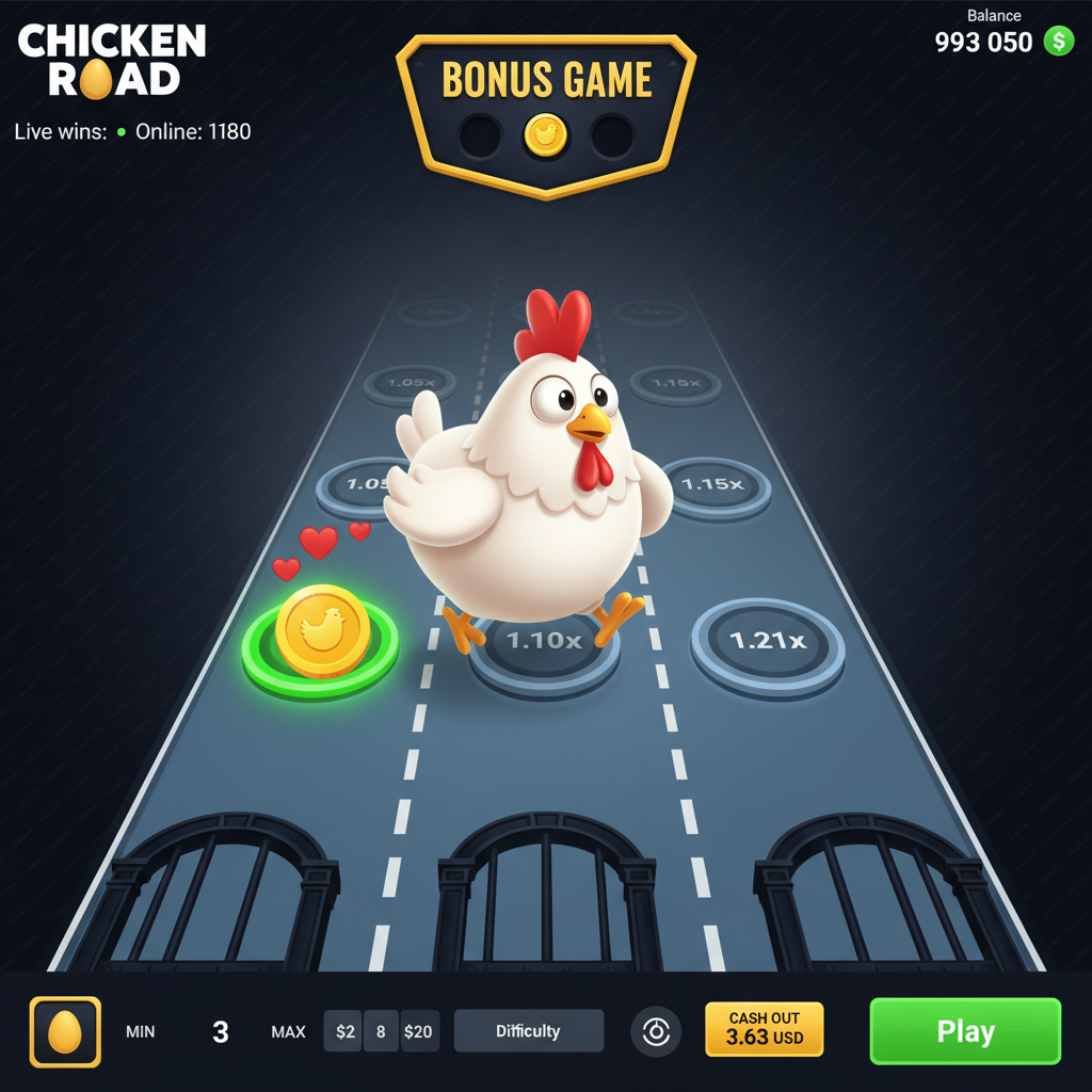 Chicken Road Bonus slot game - personaggio gallina bianca che attraversa corsie stradali con moltiplicatori circolari dorati e verdi, uovo bonus dorato e tema arcade medievale
