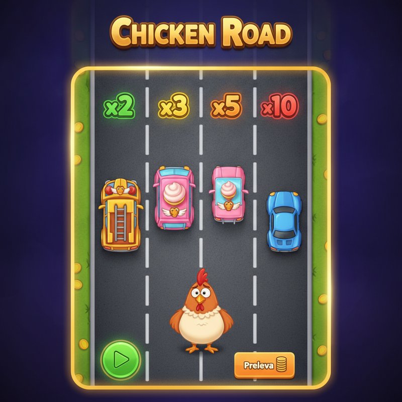 Chicken Road slot game di InOut: screenshot del gameplay che mostra il pollo cartoon che attraversa una strada a più corsie vista dall'alto, veicoli colorati tra cui camion dei pompieri e gelati, indicatori di moltiplicatore sulle corsie e interfaccia con pulsanti Gioca e Preleva