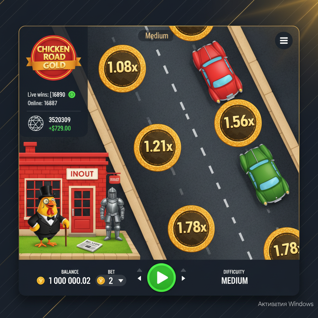 Chicken Road Gold: pollo elegante con cilindro e monocolo attraversa strada urbana con monete moltiplicatore dorate e automobili d'epoca, gioco crash INOUT