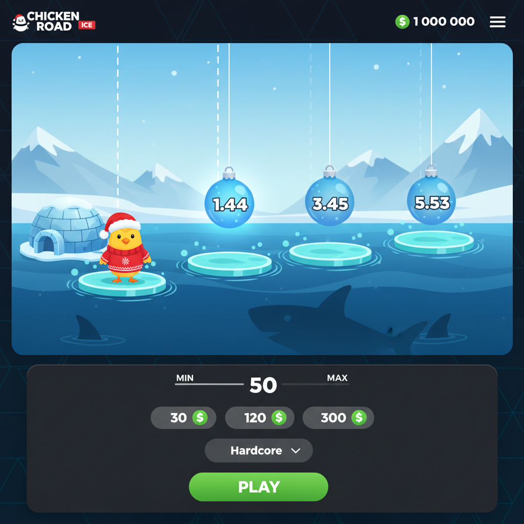 Chicken Road Ice slot game: pollo con cappello di Babbo Natale che attraversa piastre di ghiaccio sull'acqua artica, con ornamenti natalizi moltiplicatori sospesi sopra e squali nell'acqua, tema invernale InOut