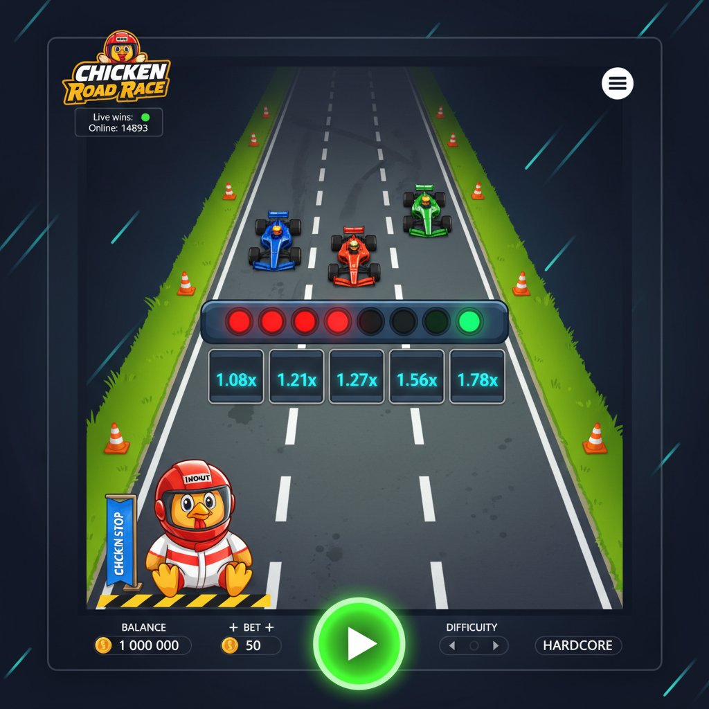 Chicken Road Race slot game: pollo mascotte con casco rosso da corsa iNOUT su pista stradale dall'alto con auto Formula 1 colorate, semafori rossi e verdi, moltiplicatori ciano luminosi sulle corsie
