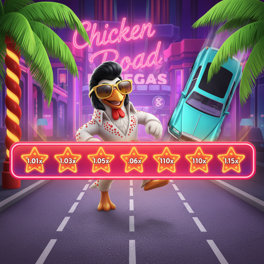 Chicken Road Vegas slot game: Elvis chicken character in white jumpsuit and gold sunglasses crossing purple neon Vegas road avoiding cyan luxury cars with orange star multiplier badges