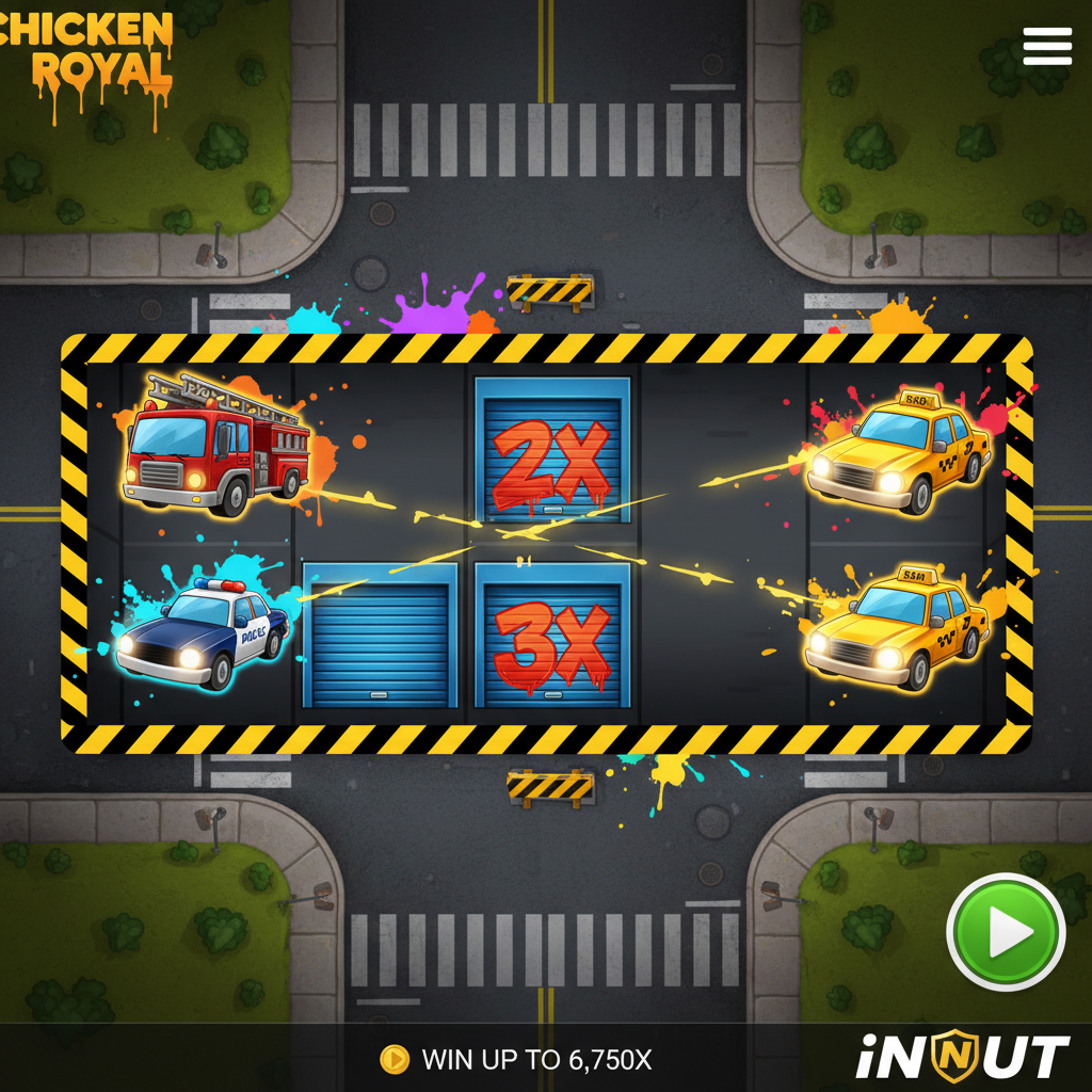 Chicken Royal slot game by InOut - cartoon chicken crossing urban street con simboli wild graffiti moltiplicatori x2 x3 veicoli emergenza taxi polizia pompieri su sfondo stradale urbano