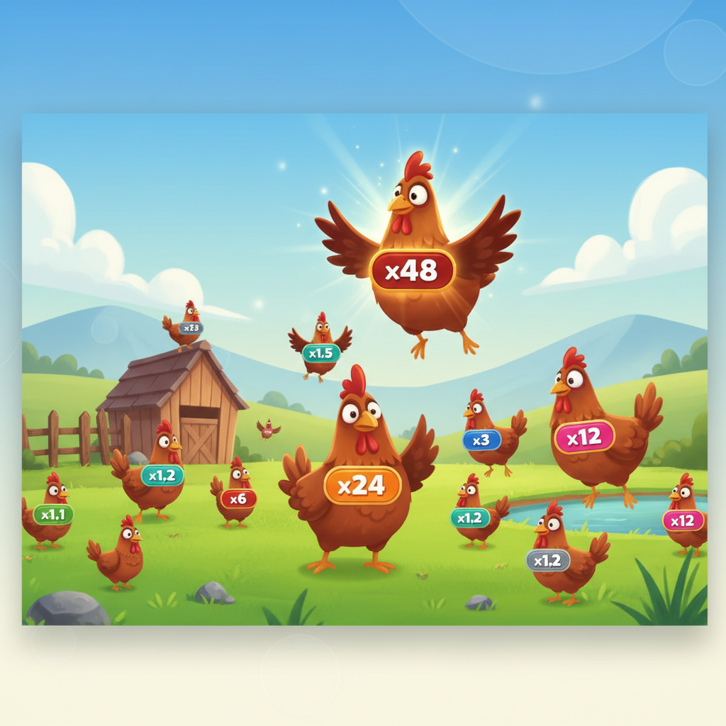 Chicken Shoot slot game di InOut: galline cartoon con moltiplicatori colorati da x1.1 a x48 su sfondo fattoria con cielo blu, colline verdi e steccato in legno